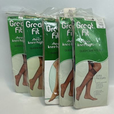 Great Fit Sheer Knee Highs Sandalfoot Toe 3 Pair Pack Lot of 5 Beige Navy Suntan